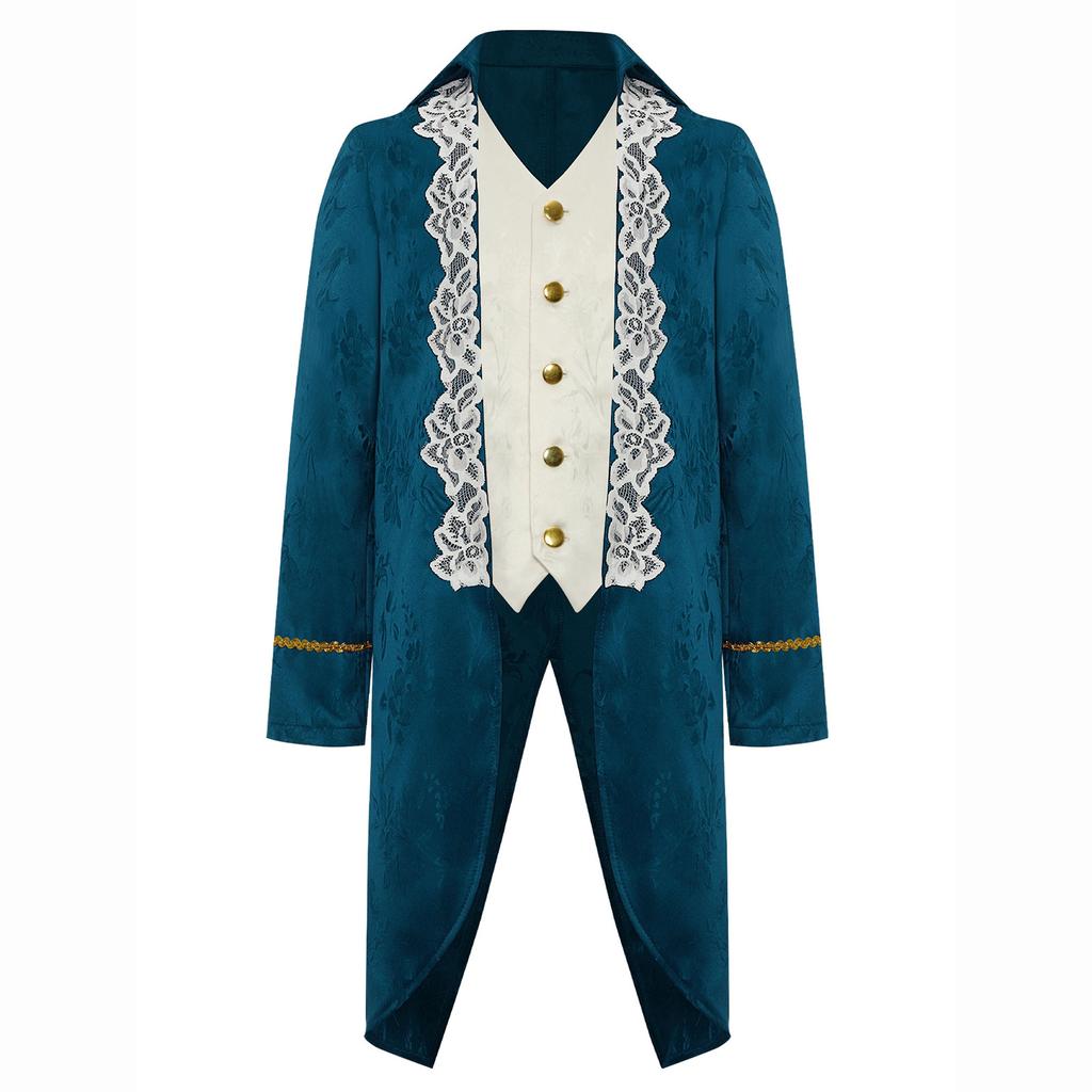 Boys Medieval Renaissance Victorian Jacket Turn Down Collar Long Sleeves Fake Two in One Lace Embroidery Tailcoat