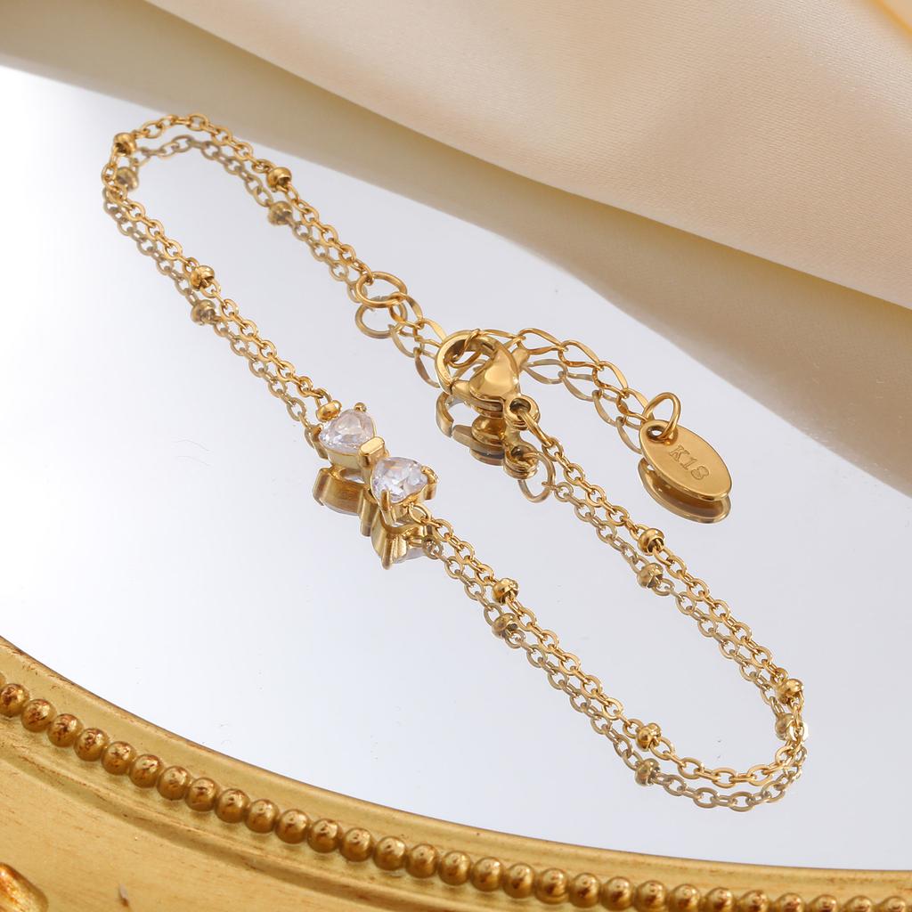 Cubic Zirconia Bow-tie Charms Bracelet For Women, Stainless Steel Satellite Chain Adjustable, CZ Bowknot Bracelets