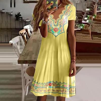 Женская мода лето весна цветочный узор принт с коротким рукавом V-образным вырезом с высокой талией повседневные платья