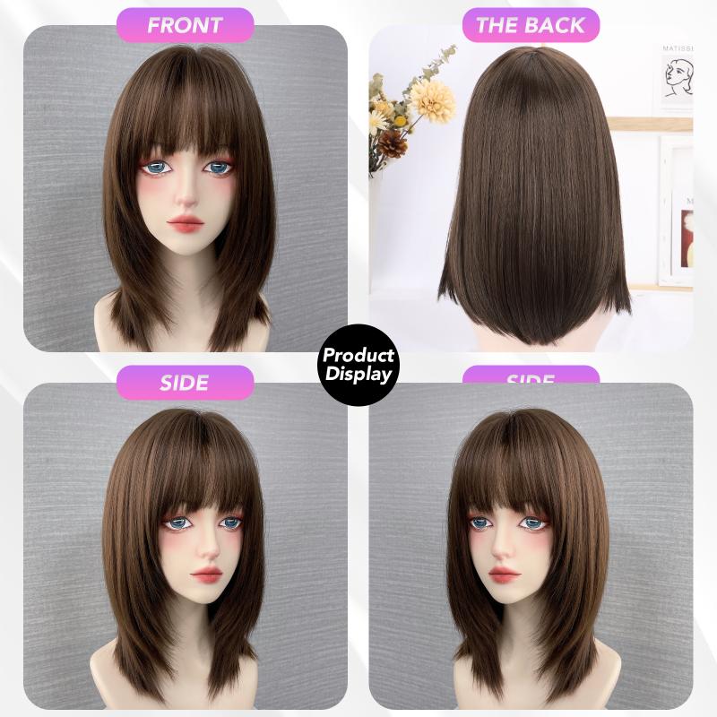 16-дюймовый коричневый парик с прямой челкой, синтетический парик из волокна, термостойкий, без бликов, натуральный косплей, шиньон для женщин, повседневное использование, корейская мода