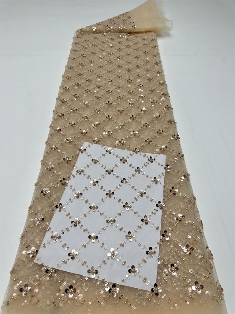 Золотая африканская кружевная ткань из тюля 2025 Французская сетка с пайетками Ткань для шитья Вышивка бисером Кружево Тюль Сетка Нигерия Платье 5 ярдов