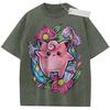 Oversize Vintage Washed Anime T Shirt Pokemon Jigglypuff with Flowers Hearts and Bottles Cute Streetwear Casual Daily Top