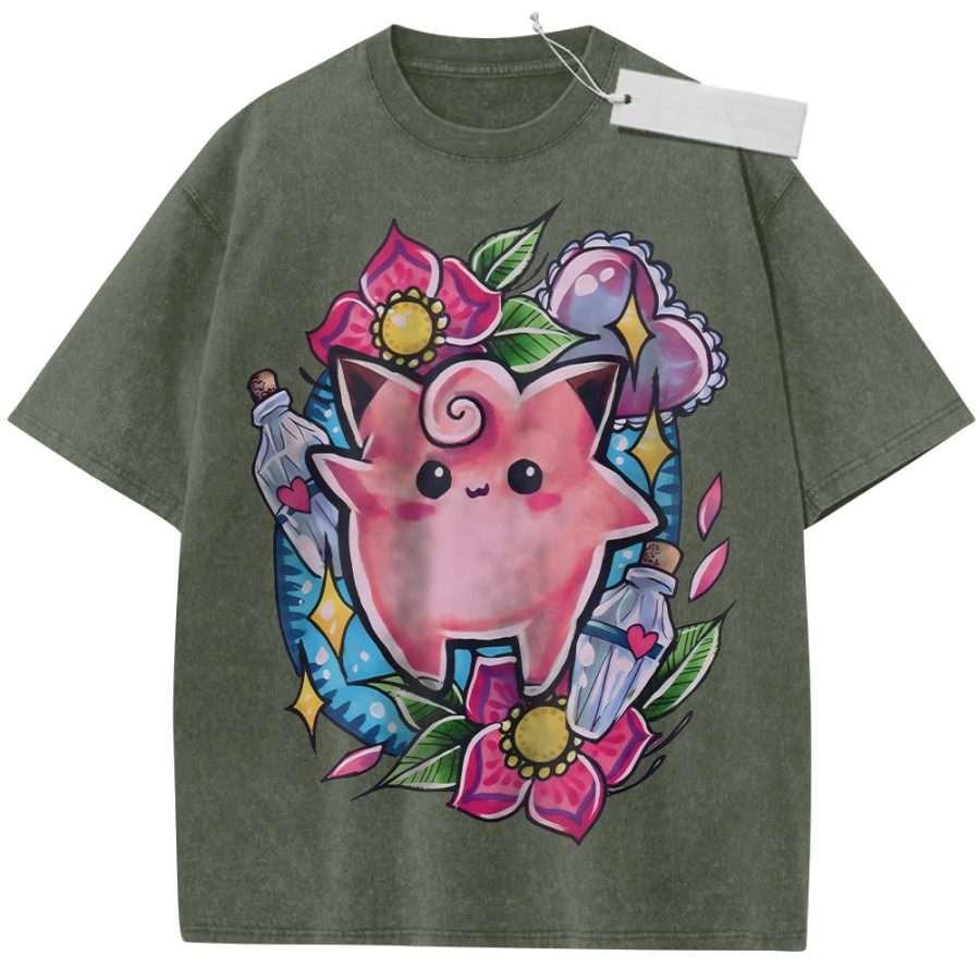 Oversize Vintage Washed Anime T Shirt Pokemon Jigglypuff with Flowers Hearts and Bottles Cute Streetwear Casual Daily Top