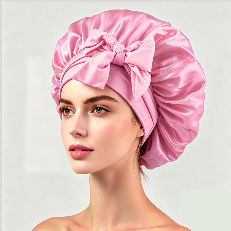 Silky Satin Sleep Cap with Tie-Up Ribbon for Women - Hair Care Hat