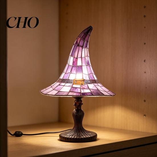 Halloween Home Decor Lamp Stained Glass Witch Hat Lamp, USB Powered Night Light, Handcrafted Resin Cozy Bedroom Lighting Desk Gothic for Bookshelf