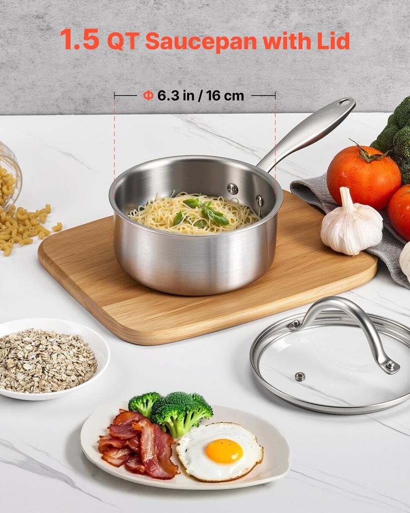 1.5 QT Saucepan, Stainless Steel Saucepan with Glass Lid, Multipurpose Nonstick Stainless Steel Small Cooking Sauce Pot with Ergonomic Handle,