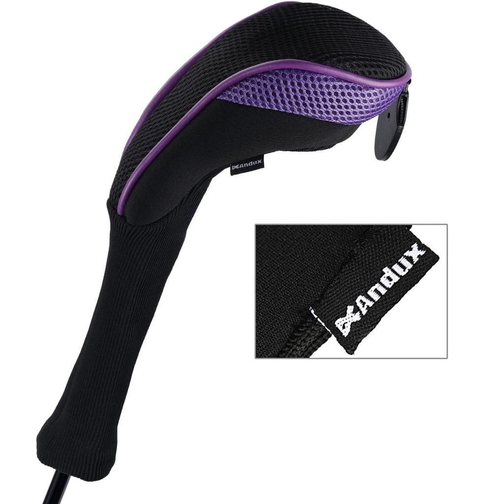 Andux Long Neck Golf Hybrid Club Headcovers with Interchangeable Numbered Set of 2 Tags, (Black/Purple)
