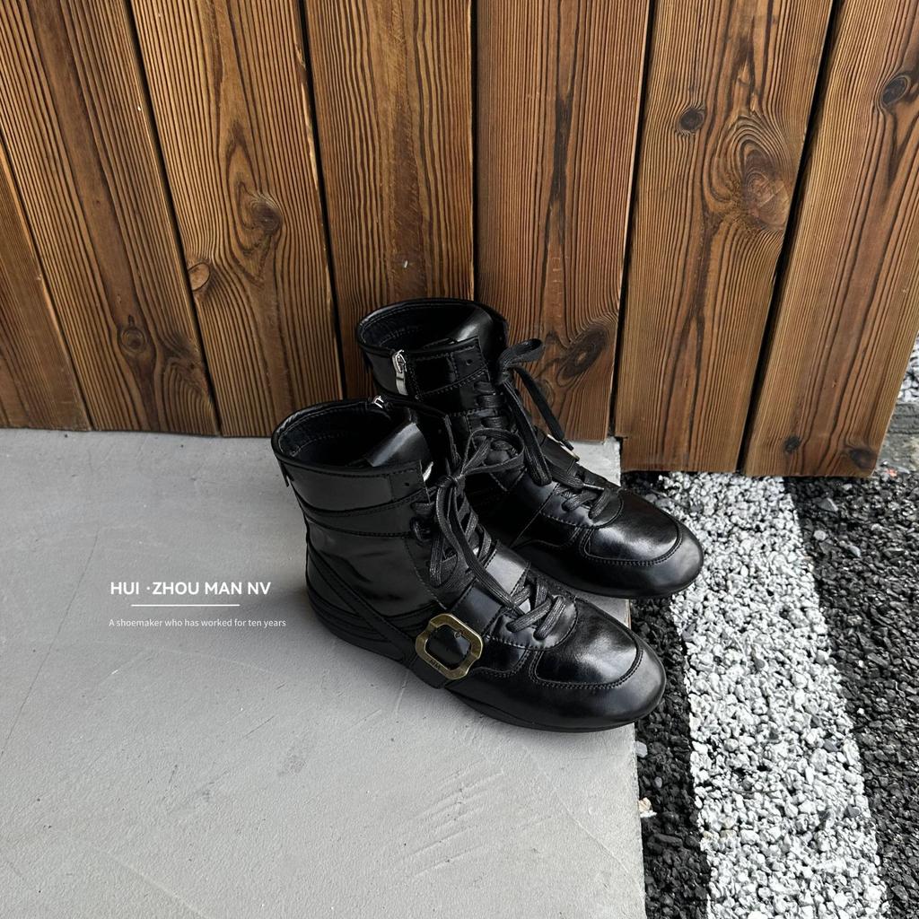 Retro Belt Buckle Flat-bottomed German Training Martin Boots Women's 2025 Autumn and Winter New Versatile Casual Sports Style Boxing Short Boots