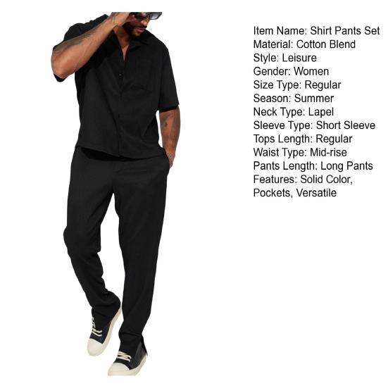 Комплект мужской одежды из 2 предметов: рубашка с лацканами, короткими рукавами и однобортной застежкой, брюки с эластичной талией, длинные, однотонные, свободного кроя, повседневный наряд