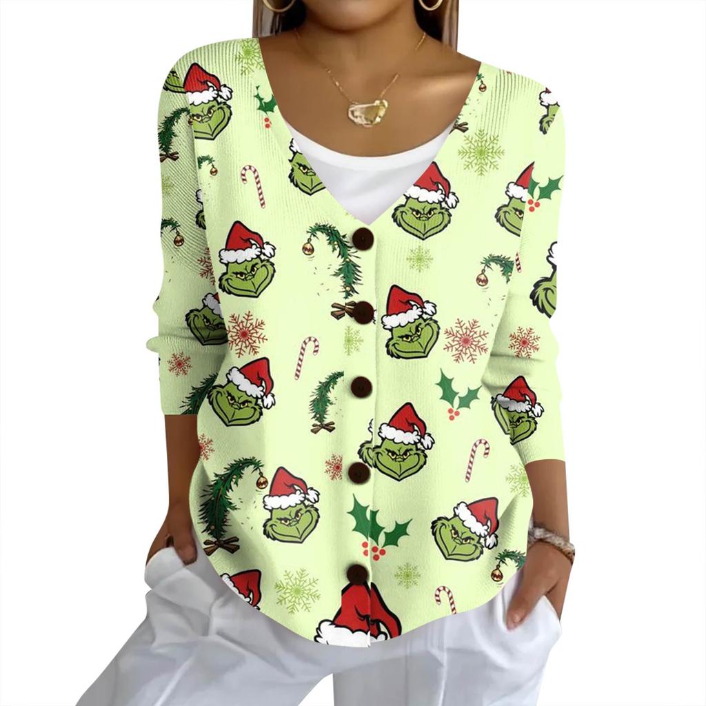 Women's Fashion Casual Knit Sweater Button-Up Christmas Print Cardigan Jacket