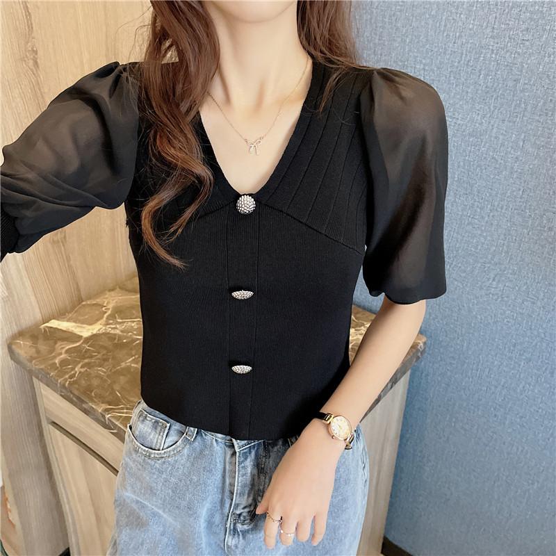 Модные трикотажные топы женские тонкие летние темпераментные элегантные короткие рукава V-образный вырез шифоновая трикотажная рубашка повседневные основные облегающие пуловеры футболки