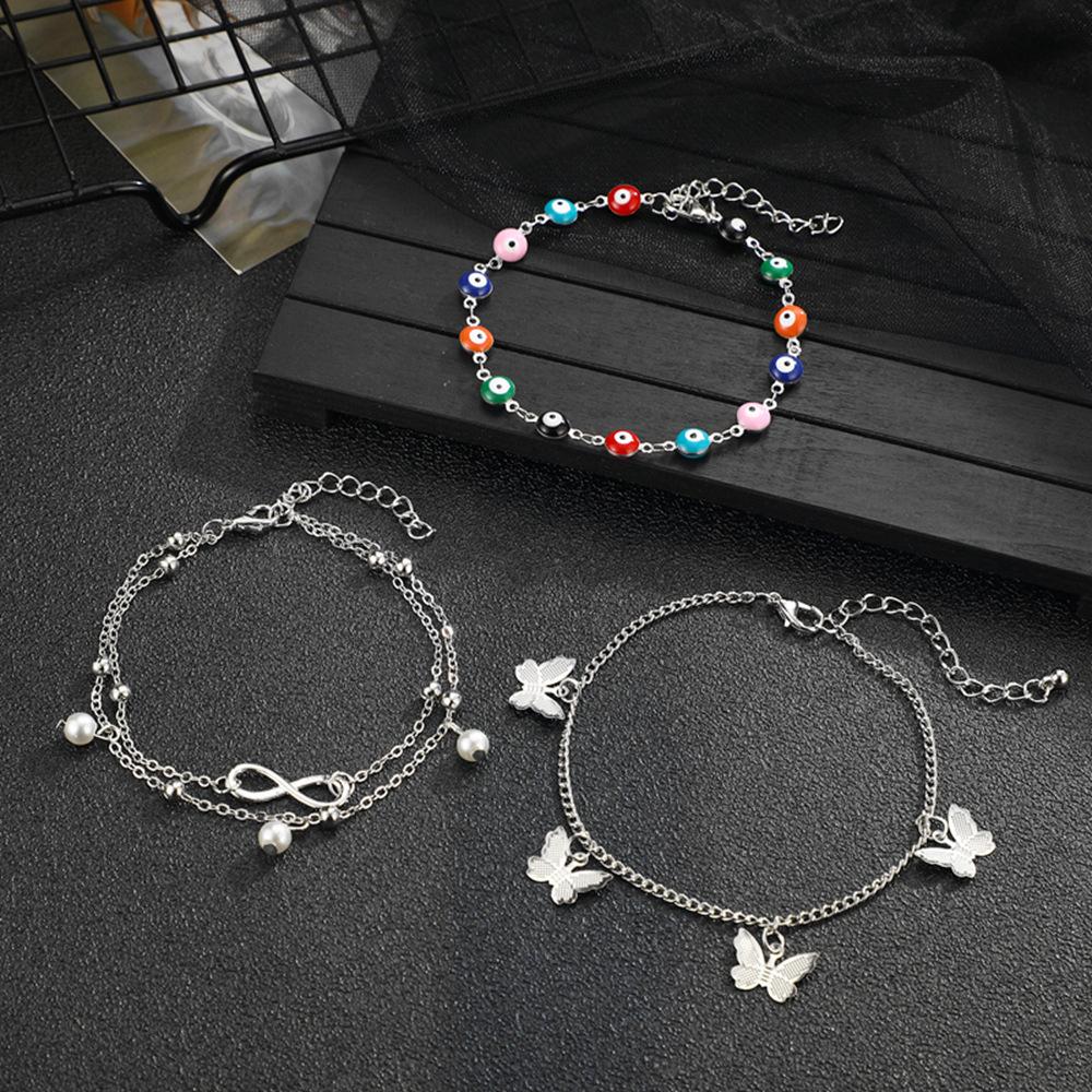 New European and American Foot Accessories Fashionable Butterfly Numbers8Double-layer colored beads3Adjustable Anklet Set