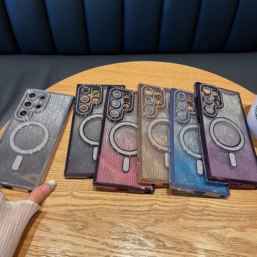Подходит для Samsung S25 Блестящий Магнитный Абсорбирующий Чехол для Телефона с Алмазной Рамкой, Блестящая Пленка для Объектива с Волнистым Рисунком A35 Противоударный Полный Пакет