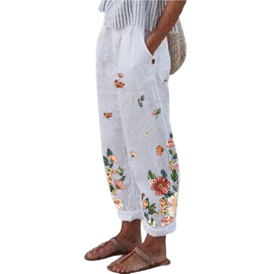 Pockets Bottoms Attractive Floral Print Simple White Pants Women Trousers