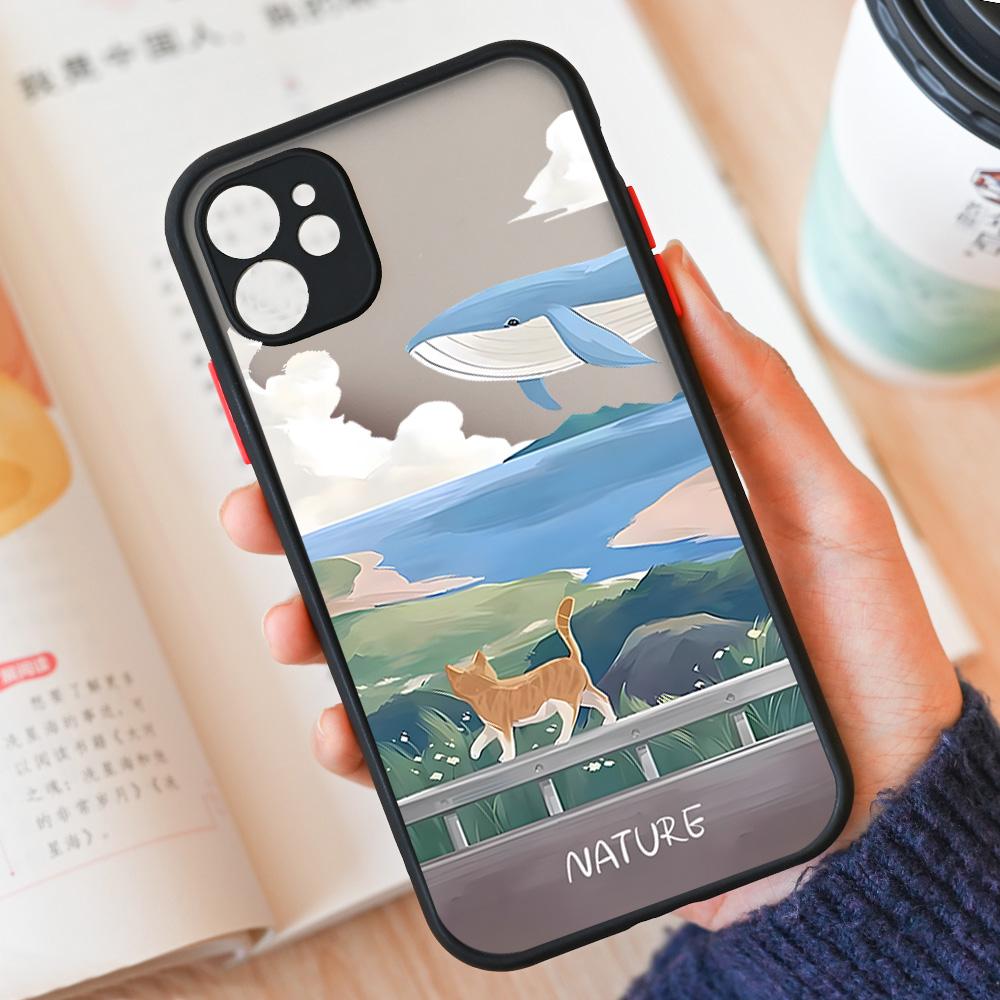 Мультяшный пейзаж Чехол для телефона iPhone 15 14 12 11 13 Pro XS Max 13Mini XR X 8 14Plus SE3 Матовый Жесткий Чехол Fundas