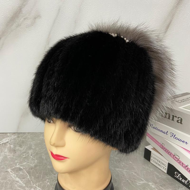 Real Fur Hat Women Knitted Mink Fur Diamond Fox Fur Tail Hat Female Girls Stylish Winter Warm Outdoor Beanie Penguin Hat