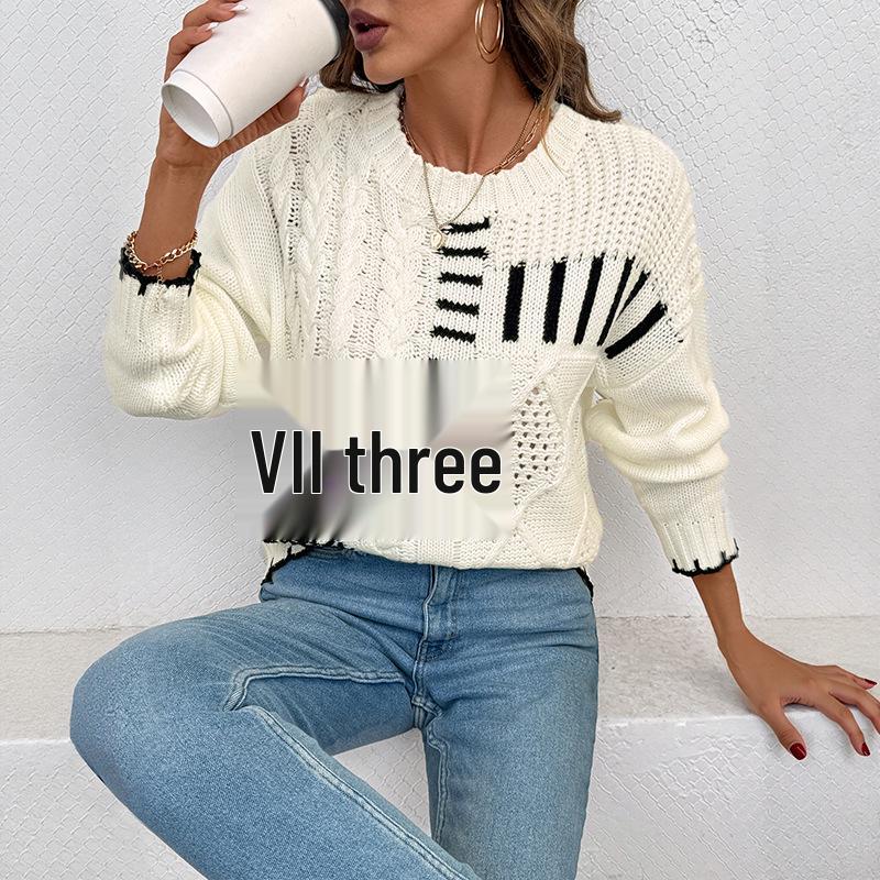 2025 Autumn/Winter Retro Round Neck Striped Sweater for Women