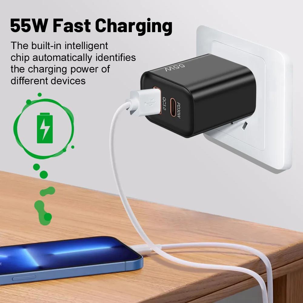 Зарядное устройство USB Type C мощностью 55 Вт, быстрая зарядка 3.0, адаптеры для зарядки телефонов для iPhone 16, 15 Pro Max, Xiaomi, Samsung, быстрое настенное зарядное устройство Type C