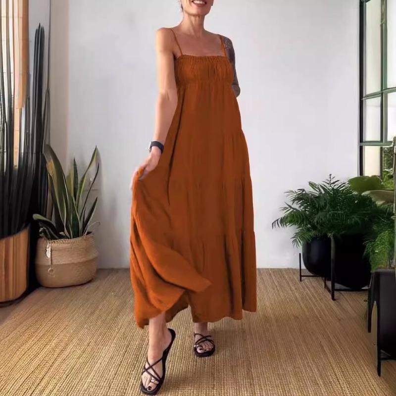 Весна-лето, однотонное повседневное платье с плиссировкой и подтяжками на груди для женщин