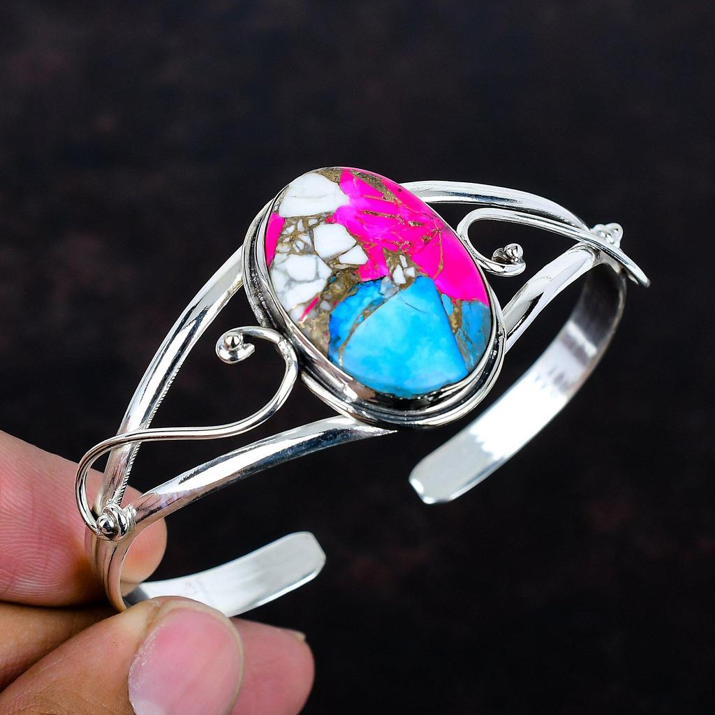 Cotton Candy Turquoise Bangle Handmade Natural Gemstone Cuff Bracelet 925 Sterling Silver Adjustable Bangle Turquoise Jewelry Gifts for Her