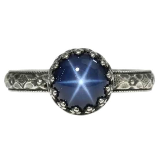 Blue Star Sapphire Ring Symmetrical Flower Crown - 8 mm Lab Created Gemstone, 925 Sterling Silver, Designer Ring For Her