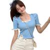 Women's t-Shirt Korean Square Neck Puff Sleeve Female Top Lace Stitching Knit Short All-Match t-Shirts