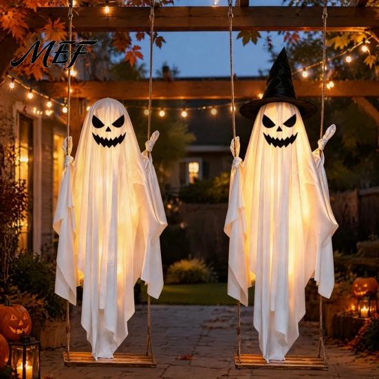 Hanging Wizard Hat Ghost for Porch Halloween Light Up Decoration, Spooky Large on A Outdoor Spirits with Warm Lights Swing Witch Front Yard Tree
