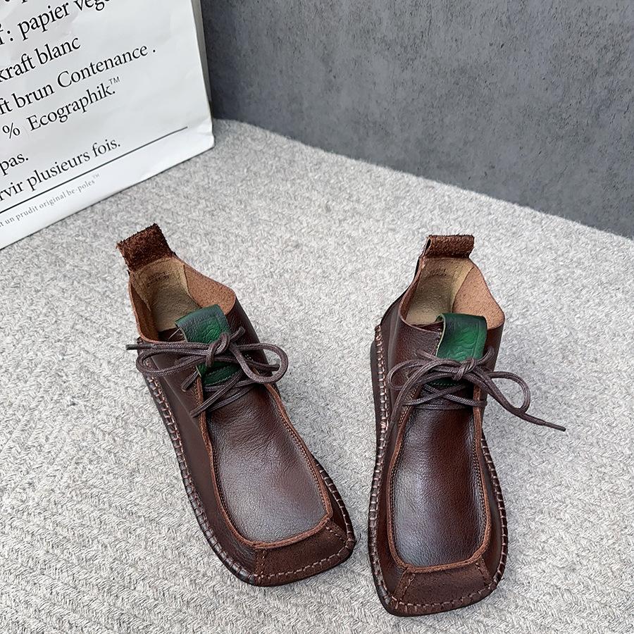 Johnature Короткие сапоги с квадратным носком, универсальные женские туфли на плоской подошве из натуральной кожи на шнуровке в стиле ретро в стиле ретро