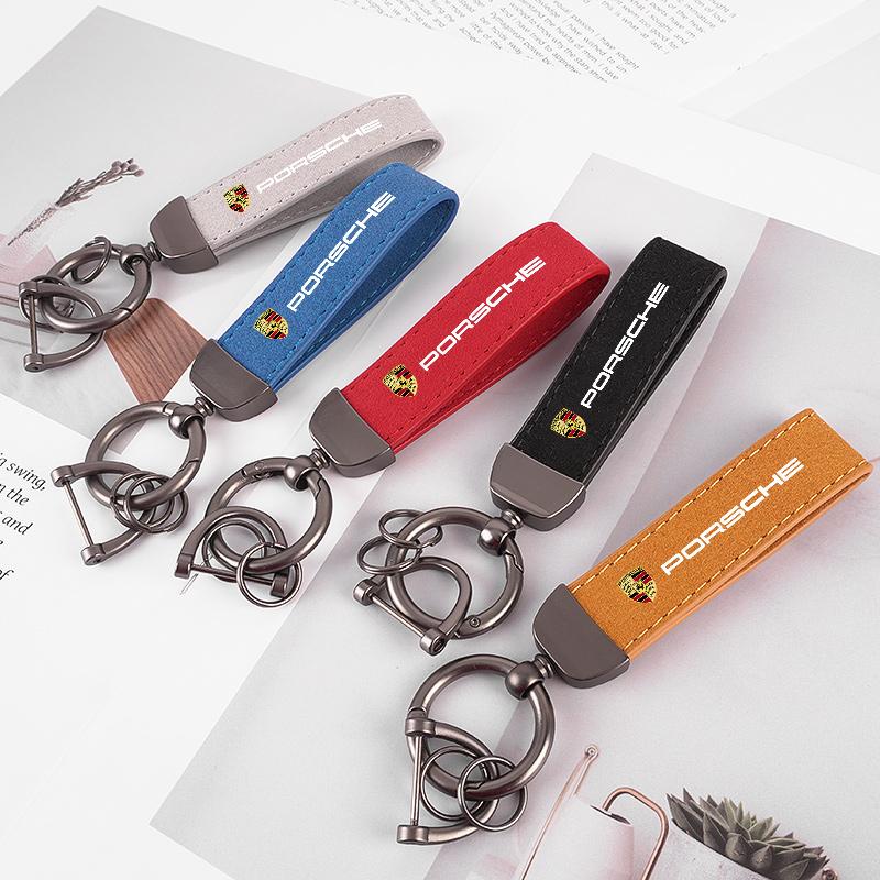 Car Logo Leather Key Ring Gift Pendant Accessory Man Suede Keychain For Porsche Boxster Cayman Cayenne 911 Macan Panamera Taycan PS4