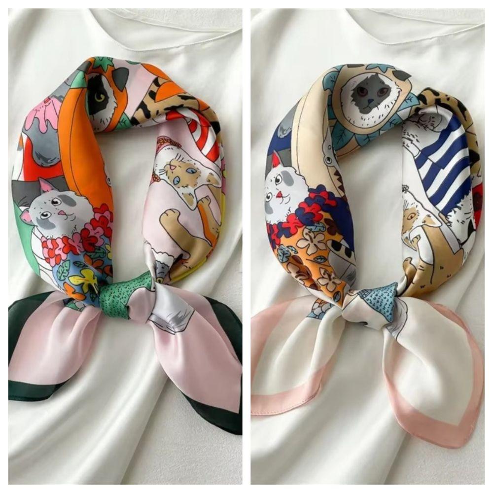 Retro Cartoon Cat Head Wrap Headband Imitation Silk Women Neckerchief Spring and Summer
