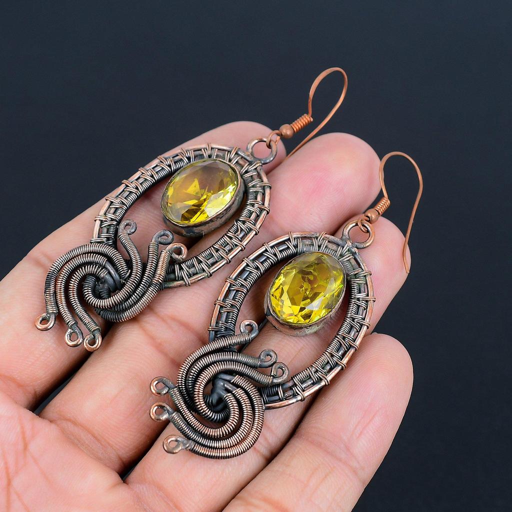 Серьги с цитрином, Ювелирные изделия из драгоценных камней, обернутые медной проволокой 999 пробы, Серьги ручной работы, На День благодарения