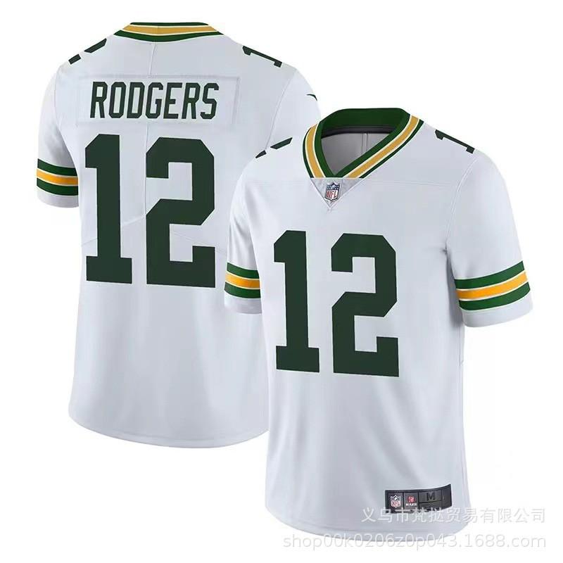 Green White NFL Bay Packers Football Jersey Men Short Sleeve V-Neck Cotton Blend Athletic Wear