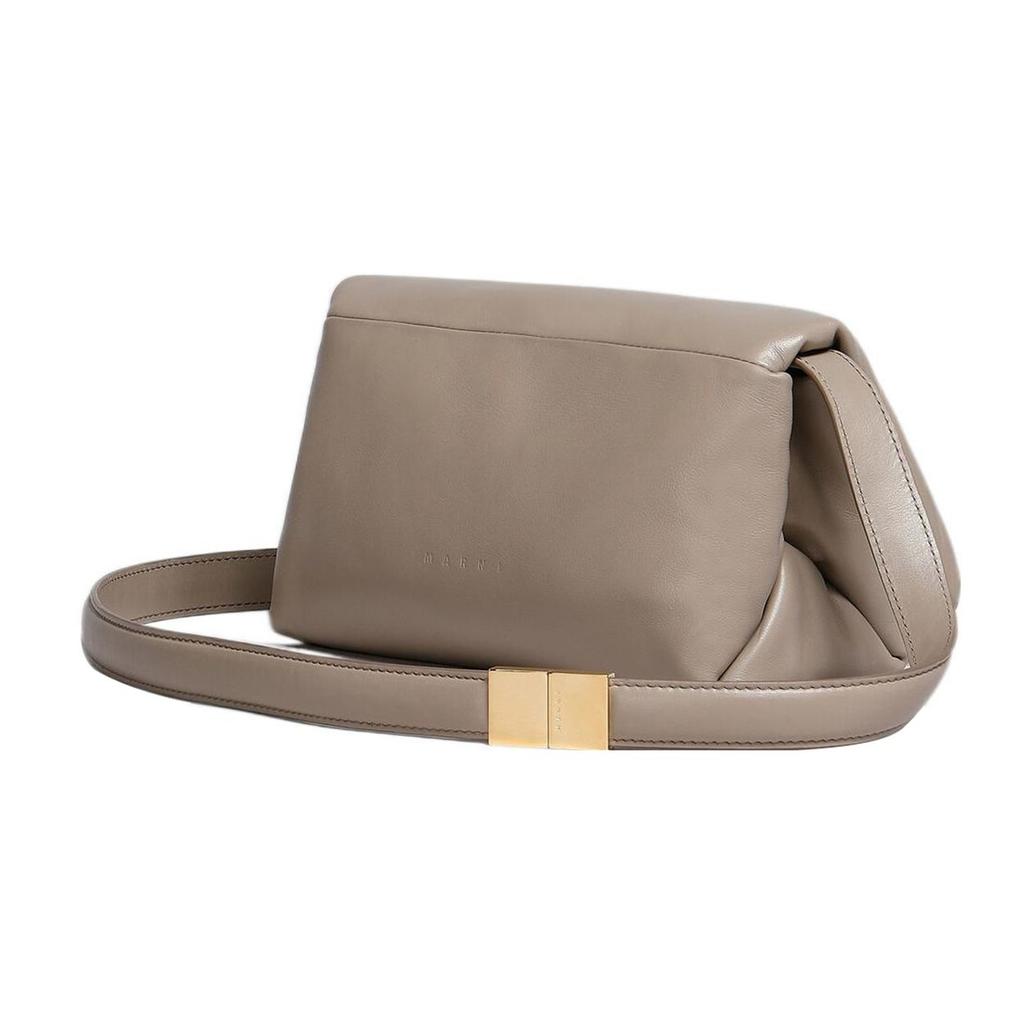Marni Prisma Embossed Logo Gold Metal Buckle Flap Closure Crossbody Shoulder Bag Women bags Beige SBMP0122UOP529800W55