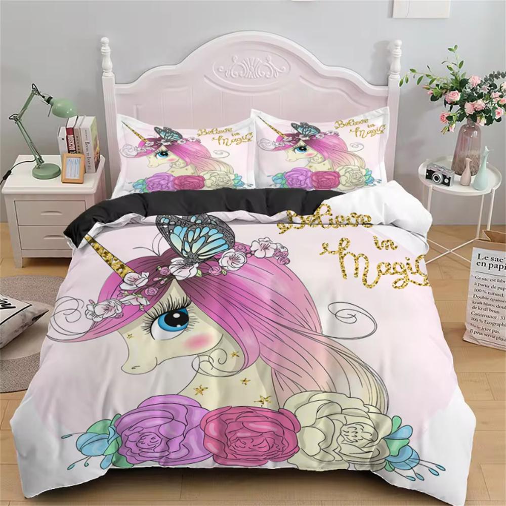 Children Bedding Sets Gifts Unicorn and Colorful Horse Printing Duvet Cover Sets for Kids Girls Boys 2/3 Pcs Single Pink Quilts