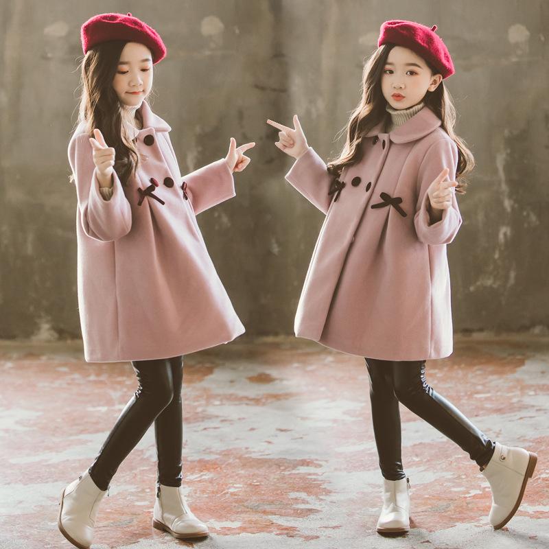 Girls Wool Coat Autumn Winter Korean Version Long Kids Jacket Double Breasted Children Outerwear Clothing