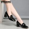 Женские весенне-осенние туфли на среднем каблуке, большие размеры, универсальные кожаные туфли на высоком каблуке с квадратной головкой и толстым каблуком