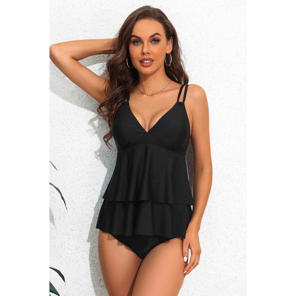 CHARMLEAKS Women Tankini Set Solid Color Swimwear Swim Sets Shoulder Straps V Neck Cake Hemline Bathing Suit