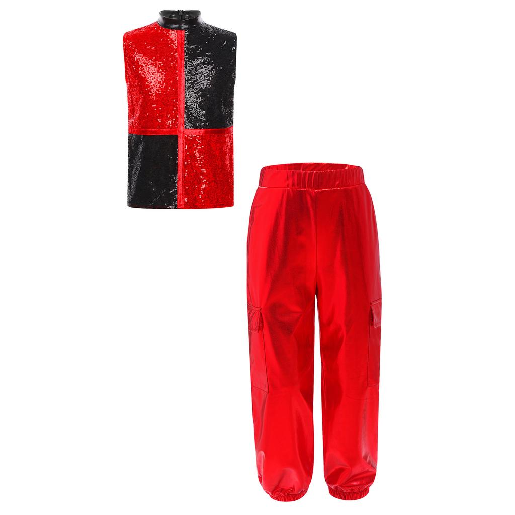 Boys Metallic Jazz Dance Costume Mock Neck Sleeveless Back Zipper Shiny Sequins Color Block Top Cargo Pants