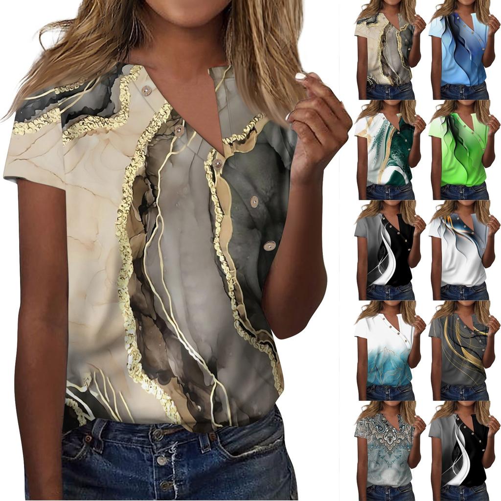 Women's T Shirt Tee Print Button Short Sleeve Daily Weekend Fashion V- Neck Regular Top