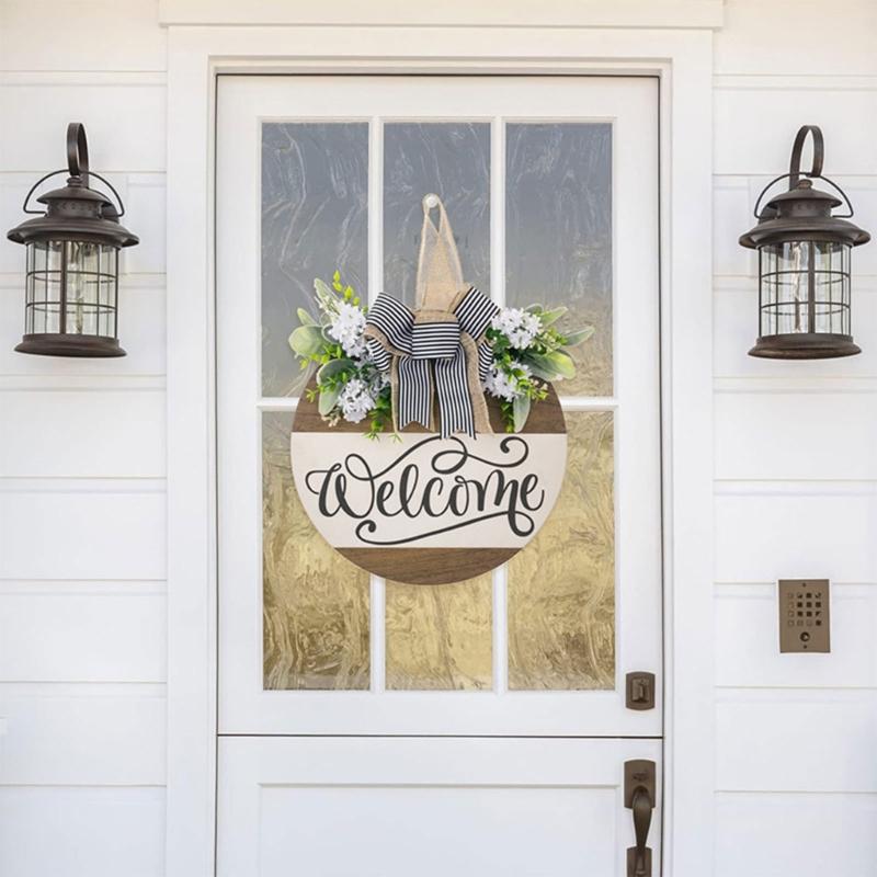 Деревянная приветственная табличка Цветочный венок Подвески Подвески для входной двери Стены Сада Доска с украшениями в виде бантиков