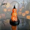 Halloween Souvenir Decor Pumpkin Skeleton Cloche Lamp, Lighted Stacking Skull in Clear Party Props Dome with Witch Hat for Tabletop Mantel, Figurine