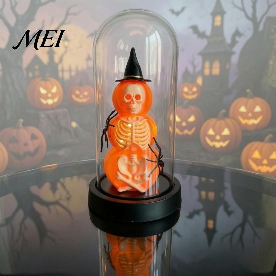 Halloween Souvenir Decor Pumpkin Skeleton Cloche Lamp, Lighted Stacking Skull in Clear Party Props Dome with Witch Hat for Tabletop Mantel, Figurine
