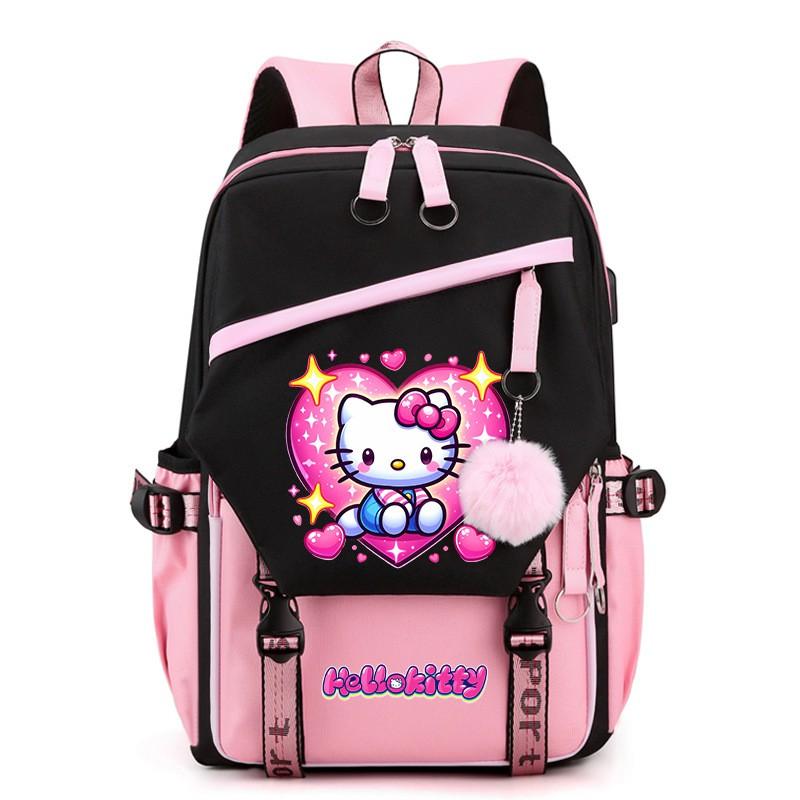 Kitty Cartoon School Backpack Teen Girls Kids Lightweight Oxford Fabric Bookbag With Padded Shoulder Straps 20-35L Capacity