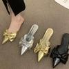 New Bowtie Mule Shoes Women Fashion Pointed Toe Stripe Wave Slip-on Sandals Ladies Luxury Satin Silk Outdoor Flat Slippers