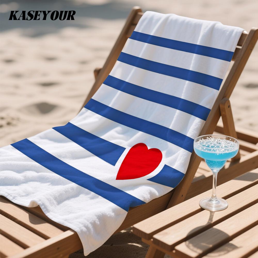 Red Heart Blue White Stripes Compact Travel Beach Towel Super Absorbent Sand Resistant, Microfiber for Swimming Camping Yoga