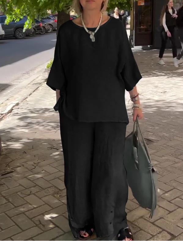 2024 Women's Cotton Linen Fashion Set: Casual Seven-Sleeve Top and Wide-Leg Pants Two-Piece Set