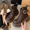 Autumn and Winter British Style Heightening Boots Female Small Short Boots Versatile High-heeled Female Boots Lace-up Thick-soled Boots