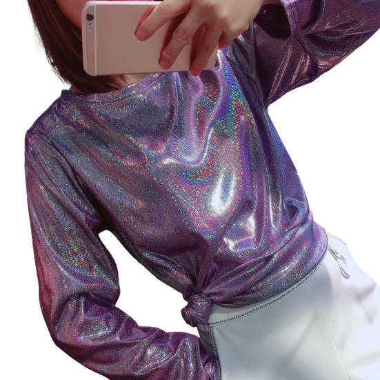 Женская Свободная футболка с длинными рукавами и блестками, украшенная блестящими светоотражающими буквами, футболка, круглый пуловер, топы