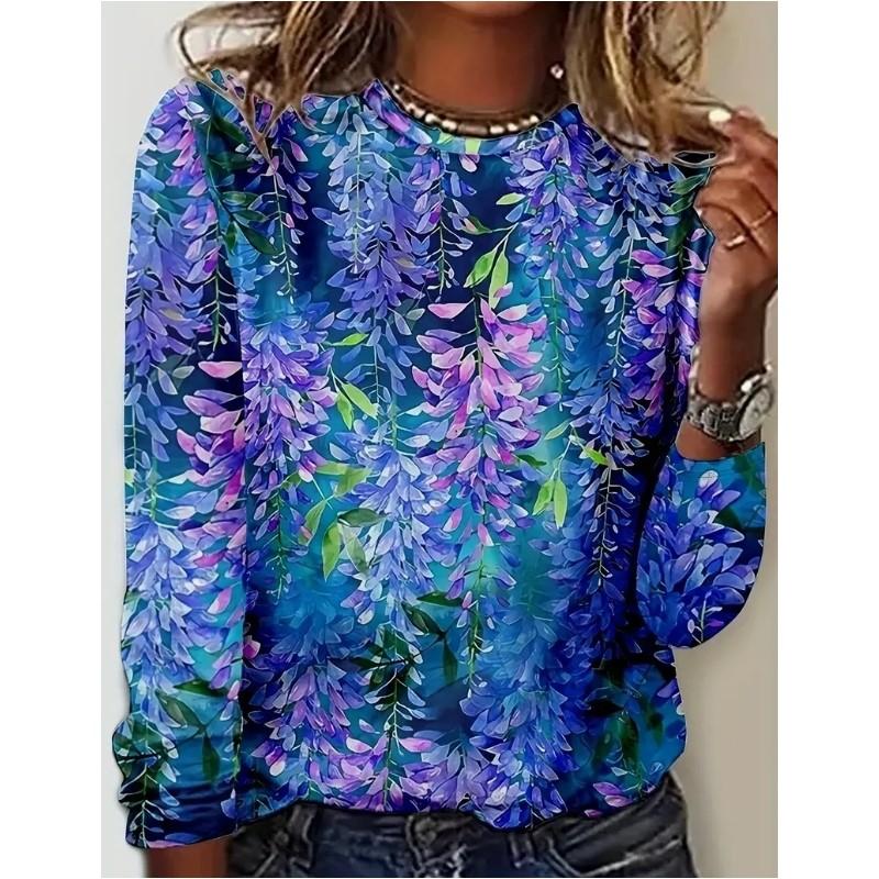 New Women Long Sleeved Round Neck Pullover T-shirt Top with Elegant and Fashionable Floral Print Casual Style T-shirt for Women