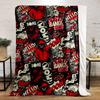 Comic-style collage with bold red, black, and white graphics and text. for all seasons blanket lunch break throw gift
